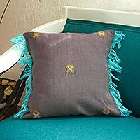 Cotton cushion cover, 'San Cristobal Butterflies' - Hand Woven Gray Cushion Cover with Geometric Butterflies