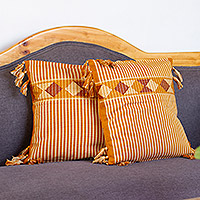 Cotton cushion covers, 'Chiapas Sunshine' (pair) - Yellow Orange Handwoven Striped Cushion Covers (Pair)