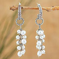 Cultured pearl cluster earrings, 'Sweet White Grapes' - Cluster Earrings with Cultured Pearls and Taxco Silver