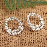 Sterling silver drop earrings, 'Shiny Spheres' - Beaded Sterling Silver Drop Earrings from Mexico