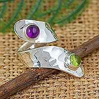 Amethyst and Peridot Taxco Sterling Silver Cocktail Ring,'Footpath'