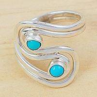 Sterling silver cocktail ring, 'Delicate Waves' - Sterling Silver Cocktail Ring with Two Turquoise Accents