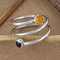 Amethyst and citrine wrap ring, 'Purple and Orange' - Amethyst and Citrine Bounded Sterling Silver Wrap Ring