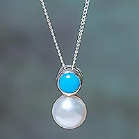 Cultured pearl pendant necklace, 'Teal Moon' - Sterling Silver Necklace with Cultured Pearl and Turquoise