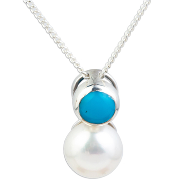 Sterling Silver Necklace with Cultured Pearl and Turquoise