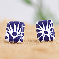 Ceramic button earrings, 'Talavera Squares' - Talavera-Style Ceramic Button Earrings in Blue and White