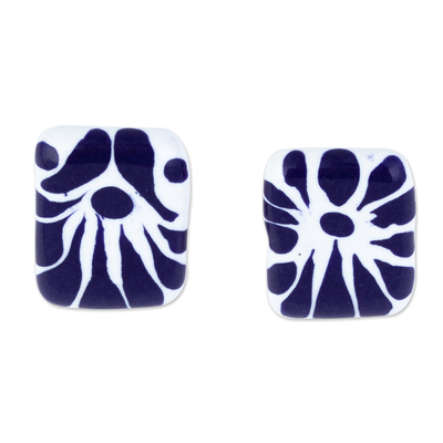 Pendientes de botón de cerámica - Aretes Botón de Cerámica Estilo Talavera en Azul y Blanco