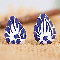 Ceramic button earrings, 'Talavera Teardrops' - Blue & White Puebla Talavera Style Ceramic Teardrop Earrings