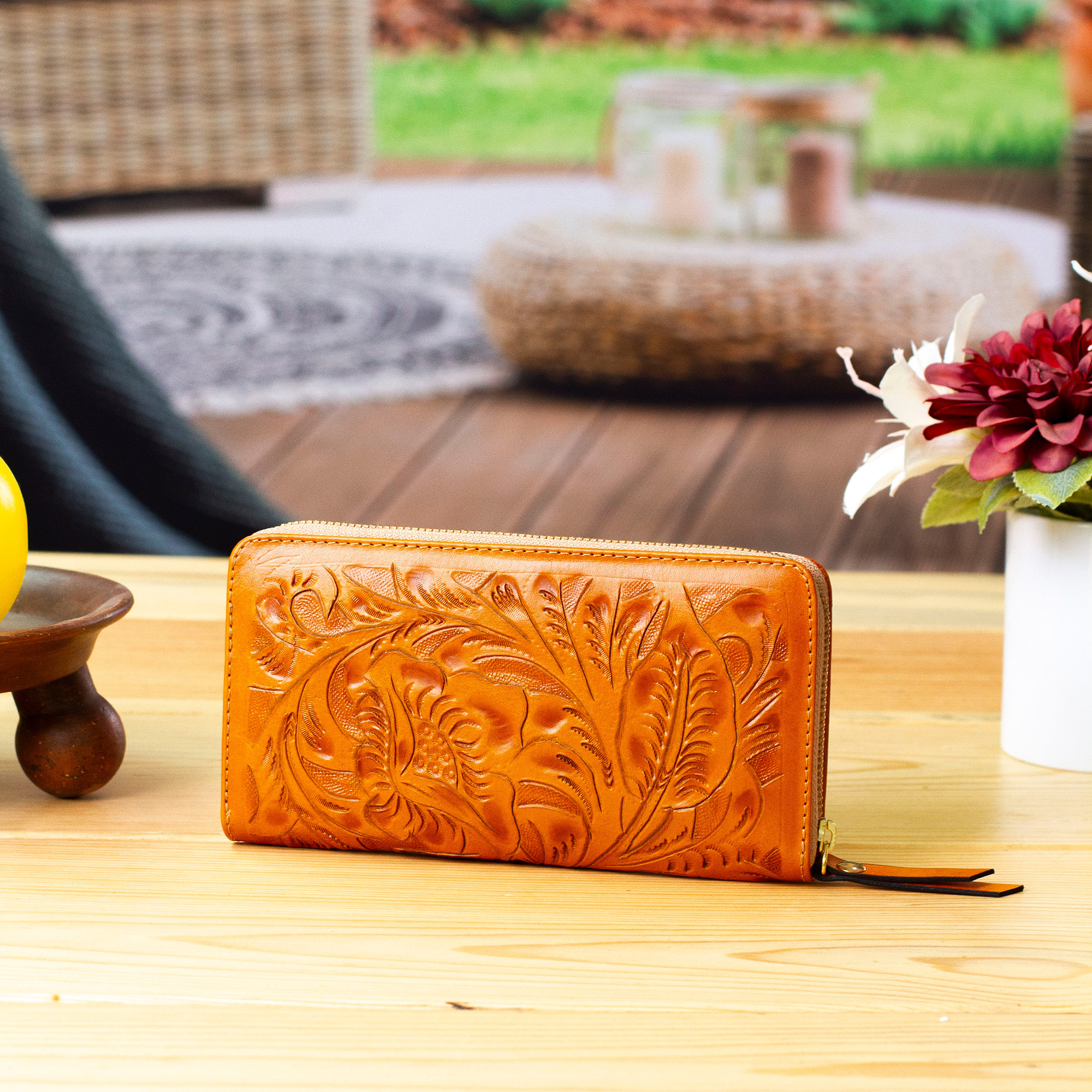 Sunrise Orange Tooled Leather Zip Clutch Bag from Mexico - Sunrise