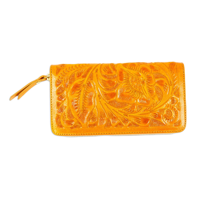 Sunrise Orange Tooled Leather Zip Clutch Bag from Mexico