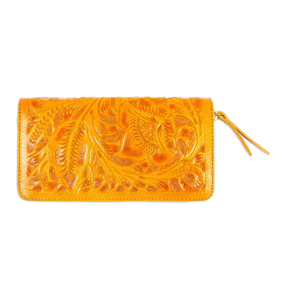 Bolso de mano de piel - Bolso clutch con cremallera de cuero labrado en naranja Sunrise de México