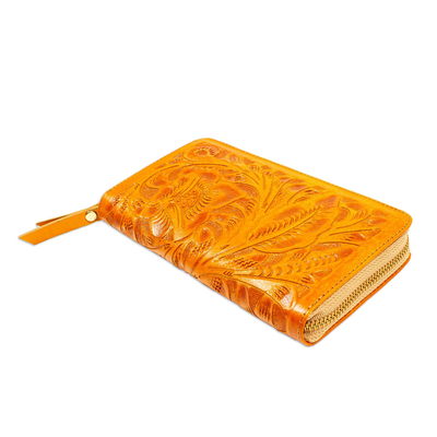 Leather clutch purse, 'Sunrise Keeper' - Sunrise Orange Tooled Leather Zip Clutch Bag from Mexico
