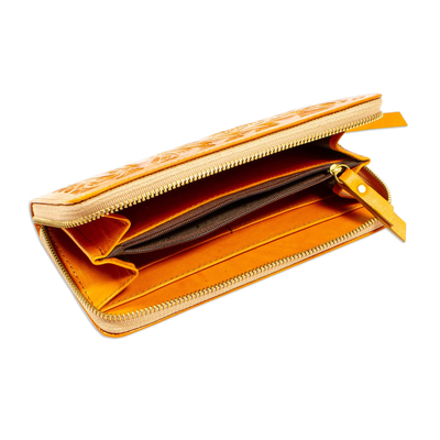 Clutch-Geldbörse aus Leder, 'Sunrise Keeper' - Sunrise Orange Leder Tasche mit Reißverschluss aus Mexiko