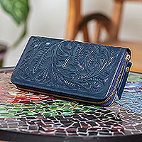 Leather wallet, 'Midnight Blue Keeper' - Navy Blue Leather Zippered Clutch with Flowers and Leaves