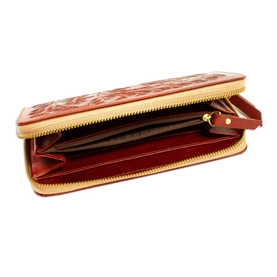 Clutch-Geldbörse aus Leder, 'Russet Keeper' - Rotbraune Leder-Clutch-Tasche mit Reißverschluss aus Mexiko