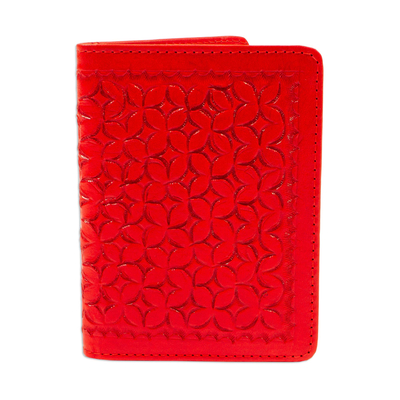 Leather passport holder, 'Cardinal Traveler' - Tomato Red Embossed Leather Passport Holder from Mexico