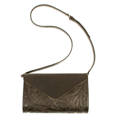 Ebony Black Leather Sling Bag with Embossed Floral Pattern