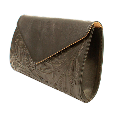Leather sling, 'Floral Ebony Tote' - Ebony Black Leather Sling Bag with Embossed Floral Pattern