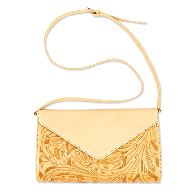 Almond Beige Leather Sling Bag with Embossed Pattern