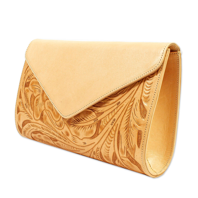 Leather sling, 'Guadalajara Tote' - Almond Beige Leather Sling Bag with Embossed Pattern