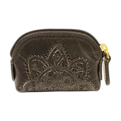 Onyx Black Zippered Leather Coin Purse from Mexico