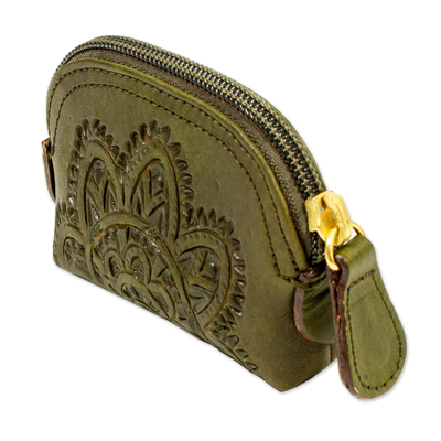Leather Pocket Purse for Coins and Cards, Olive - Folksy