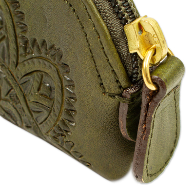Leather coin purse, 'Olive Coin Keeper' - Olive Green Zippered Leather Coin Purse from Mexico