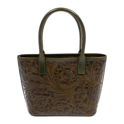 Leather shoulder bag, 'Olive Floral Artistry' - Olive Green Embossed Shoulder Bag with Zippered Pockets