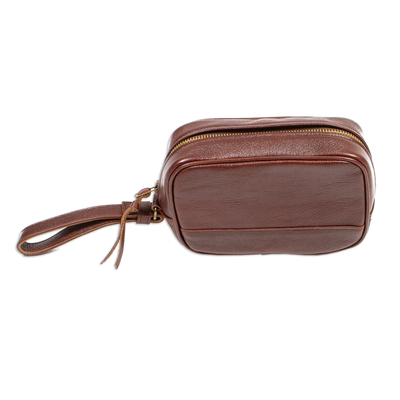 Leather toiletries case, 'Salamanca Sojourn' - Brown Leather Toiletries Case Travel Bag with Wrist Strap