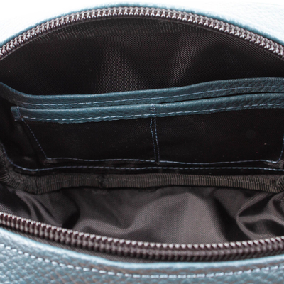 Leather toiletries case, 'Guanajuato Tote' - Pacific Blue Leather Travel Tote with Zippered Compartment
