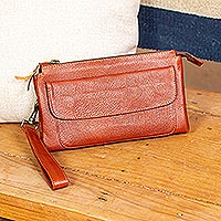 Leather wristlet, 'Bajio Bound' - Classic Design Leather Wristlet with Various Compartments