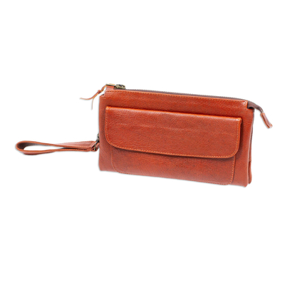 Leather wristlet, 'Bajio Bound' - Classic Design Leather Wristlet with Various Compartments