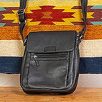 Leather messenger bag, 'Black Pack' - Basic Black Leather Sling Purse with 6 Compartments