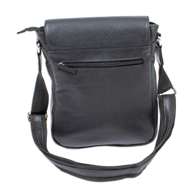 Leather messenger bag, 'Black Pack' - Basic Black Leather Sling Purse with 6 Compartments