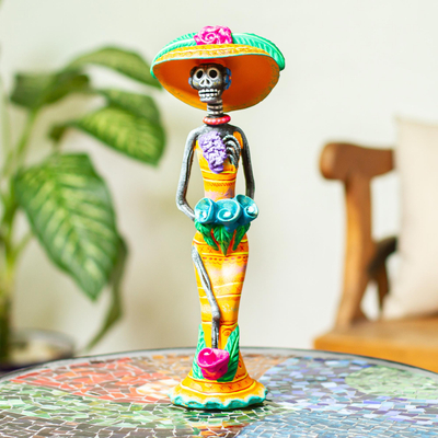 Ceramic figurine, 'Queen Catrina' - Ceramic Figure of Catrina in Orange Outfit from Mexico
