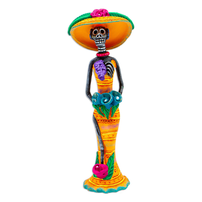 Ceramic Figure of Catrina in Orange Outfit from Mexico