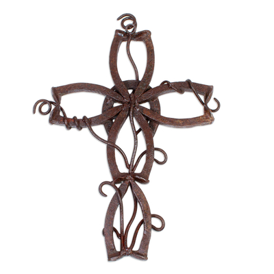 Steel cross, 'Train and Horse' - Wall Cross with Railroad Ties and Horseshoe from Jalisco