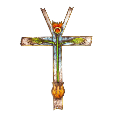 Steel cross, 'World's Rebirth' - Steel Decorative Cross with Painted Growing Plant