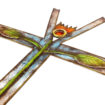 Cruz de acero - Cruz decorativa de acero con planta en crecimiento pintada