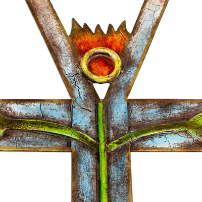 Steel cross, 'World's Rebirth' - Steel Decorative Cross with Painted Growing Plant