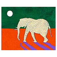 'White Moon' - Oil and Acrylic on Wood with Elephant Under the Moon
