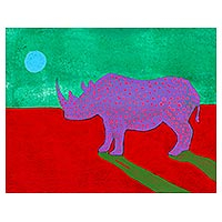'Blue Moon' - Oil and Acrylic on Wood with Rhinoceros Under the Moon