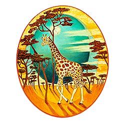 'Día y Noche' - Óleo y acrílico sobre madera con jirafas, árboles, sol y luna