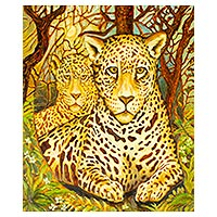 'Jaguars' - Oil and Acrylic on Wood of Two Jaguars in a Jungle