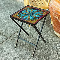 Mesa plegable de mosaico de vidrio, 'Mandala Luminosa' - Mesa plegable de mosaico de vidrio tallado inspirada en un mandala de México