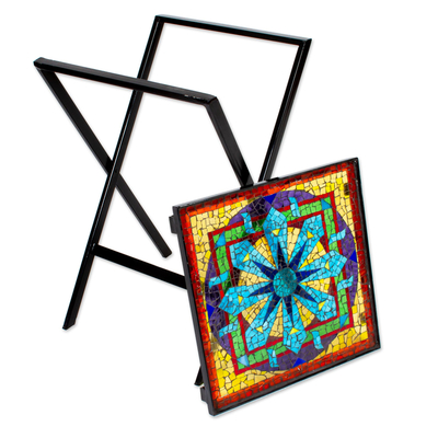 Glass mosaic folding table, 'Luminous Mandala' - Mandala Inspired Cut Glass Mosaic Folding Table from Mexico