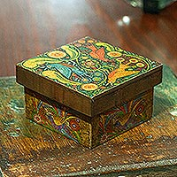 Decoupage decorative box, 'Otomi Flight' - Wood Box with Otomi Inspired Bird Decoupage from Mexico