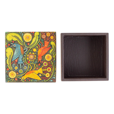 Decoupage decorative box, 'Otomi Flight' - Wood Box with Otomi Inspired Bird Decoupage from Mexico