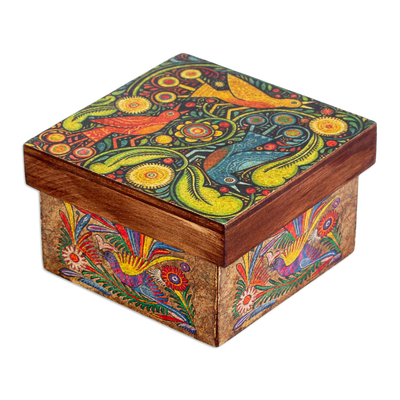 Decoupage decorative box, 'Otomi Birds' - Wood Box with Otomi Inspired Bird Decoupage from Mexico