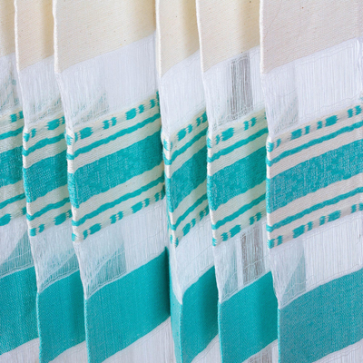 Cotton curtains, 'Aquamarine View' (pair) - Teal and White 100% Cotton Curtains from Oaxaca (Pair)